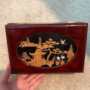 Vintage Wooden Jewelry Box with Cork Carving Design